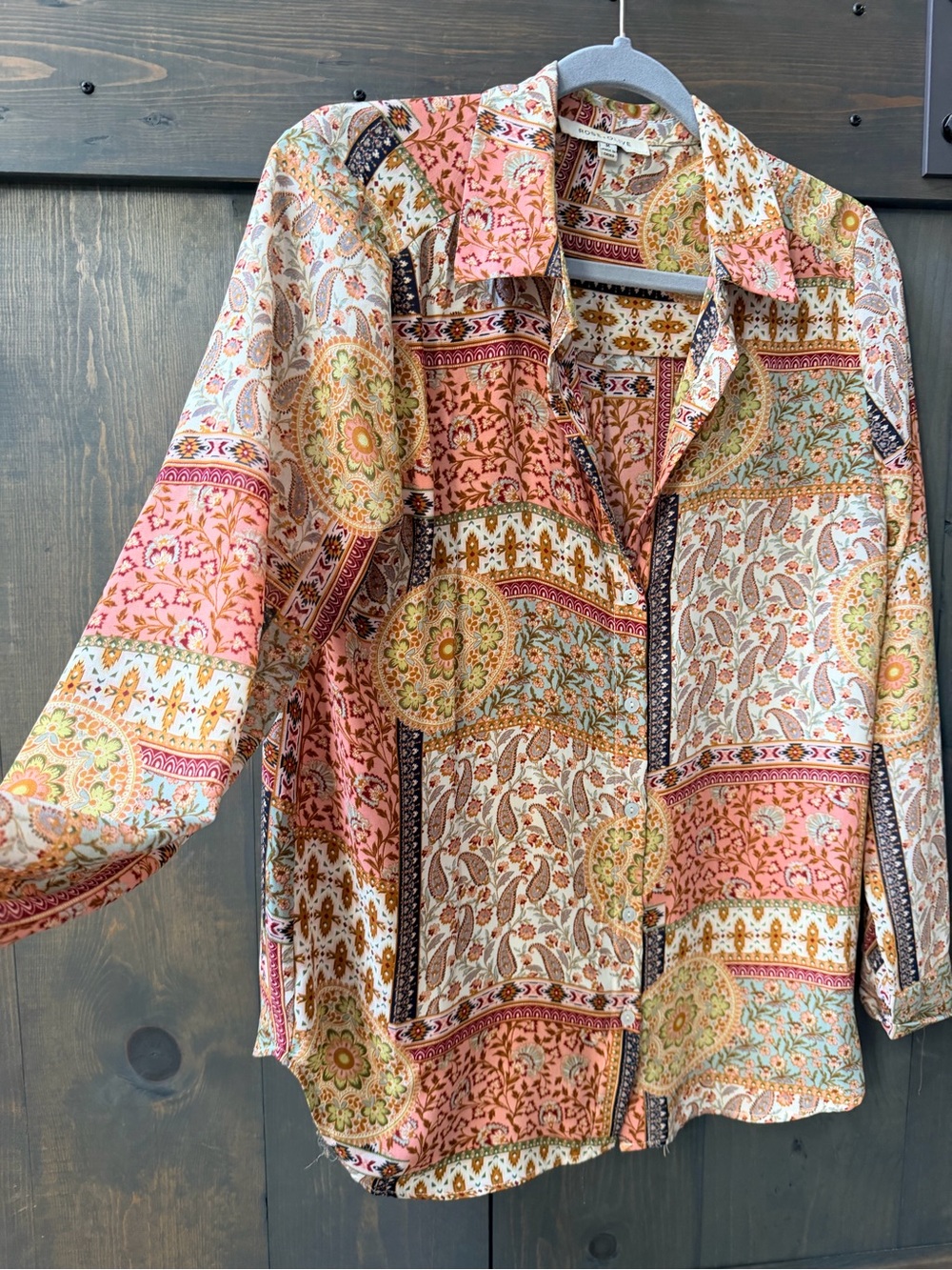 Rose & Olive Pink Paisley Patchwork Button-Down Blouse